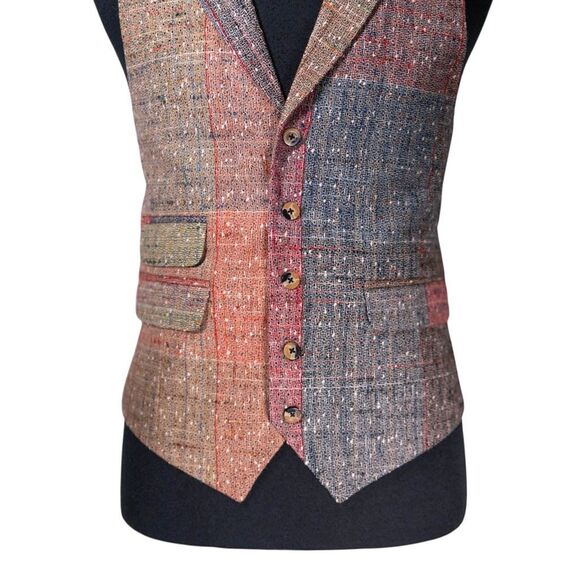 Mens Plaid Vest 42R Multicolor Patchwork Wool Waistcoat Formal Wedding Party - Picture 5 of 10